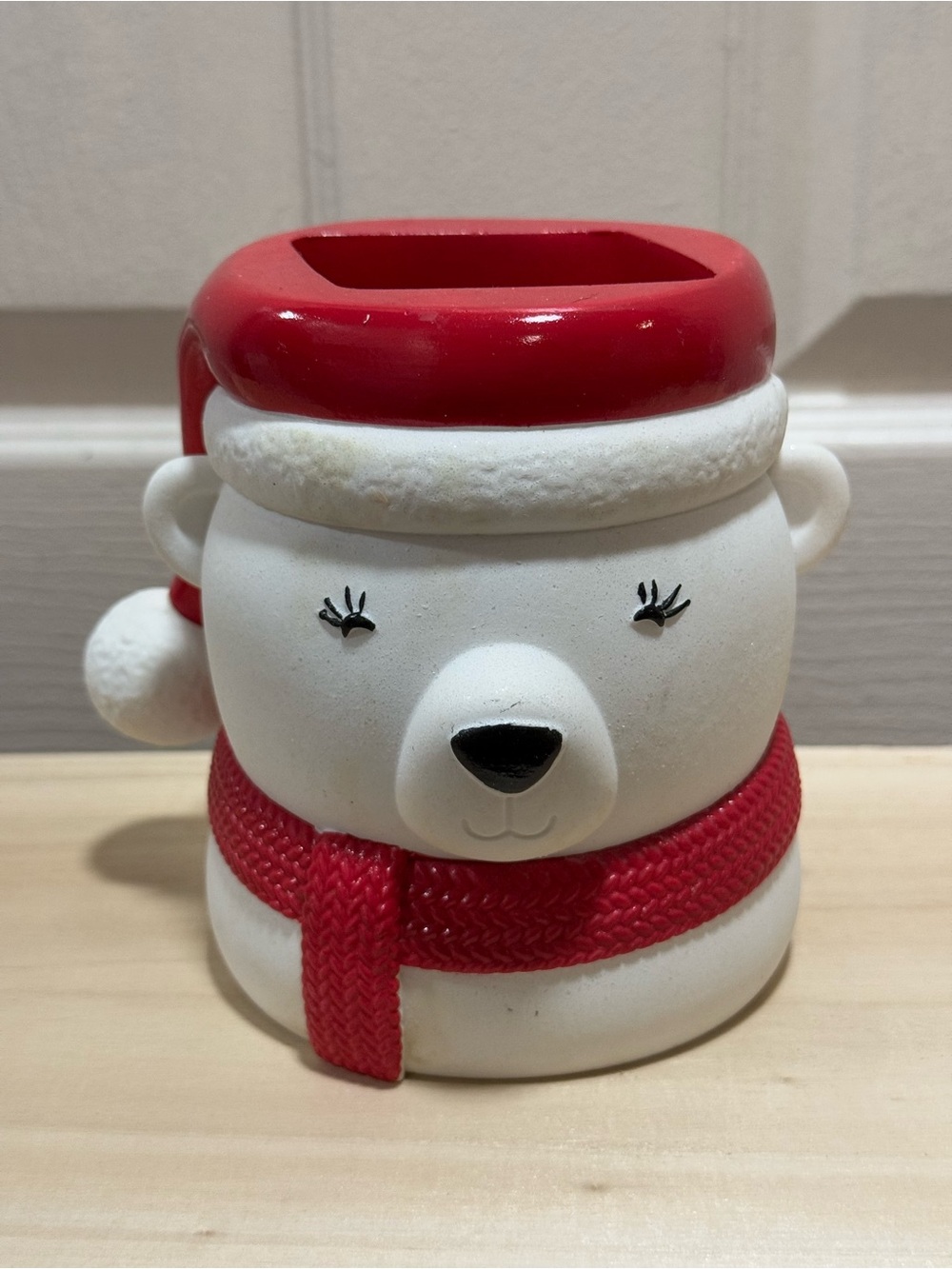 Bath & Body Works White Polar Bear hand soap Holder with Red Hat and Scarf